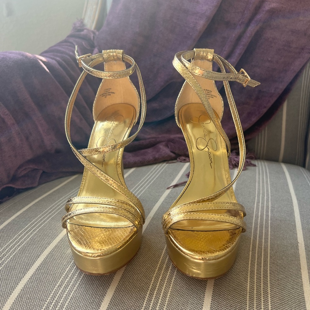 Jessica Simpson Gold Stiletto Heels with Ankle Strap